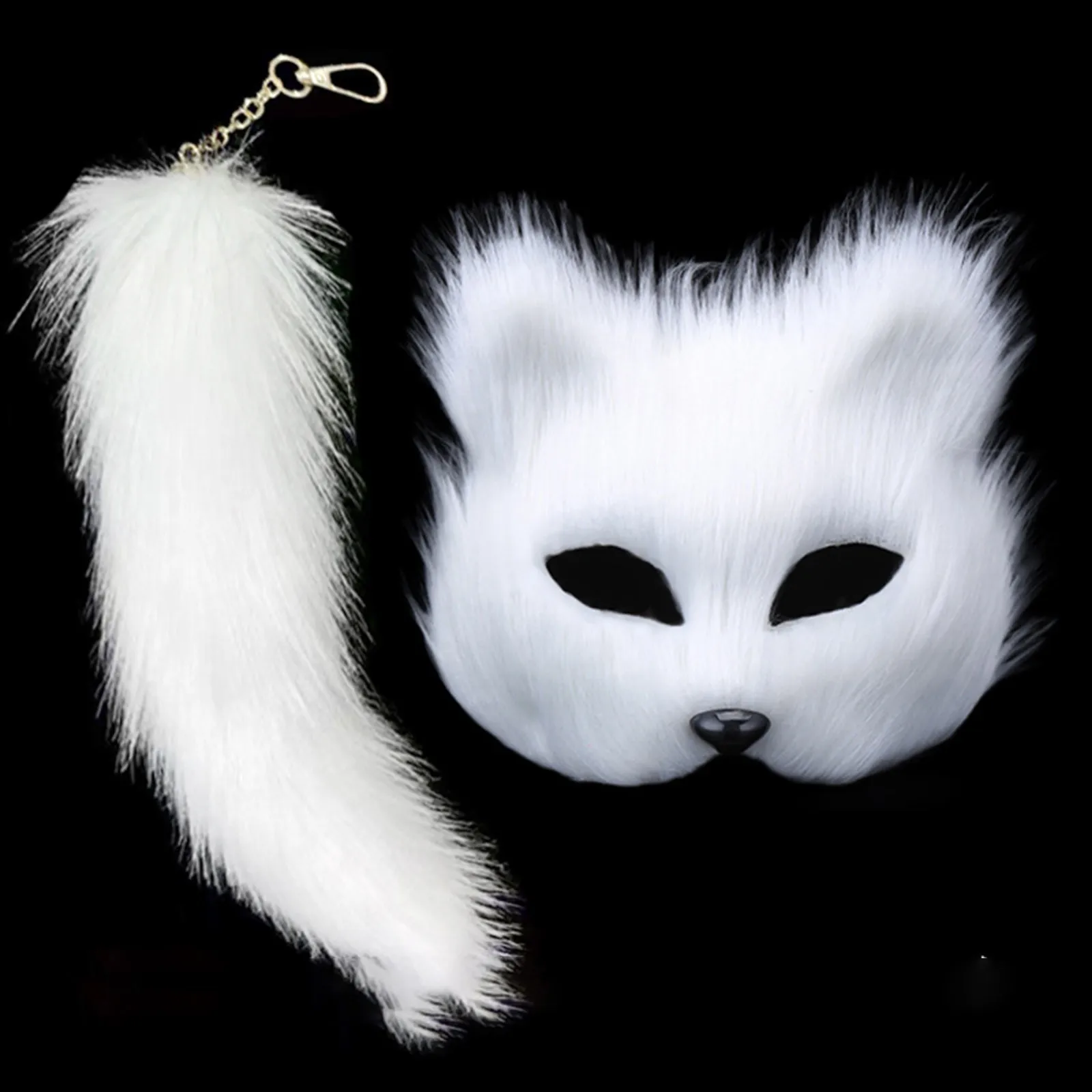 Therian Mask and Tail Set Halloween Cosplays Party Costume Cats Mask Tail Half Face Faux Furs Foxes Tail Cats Mask