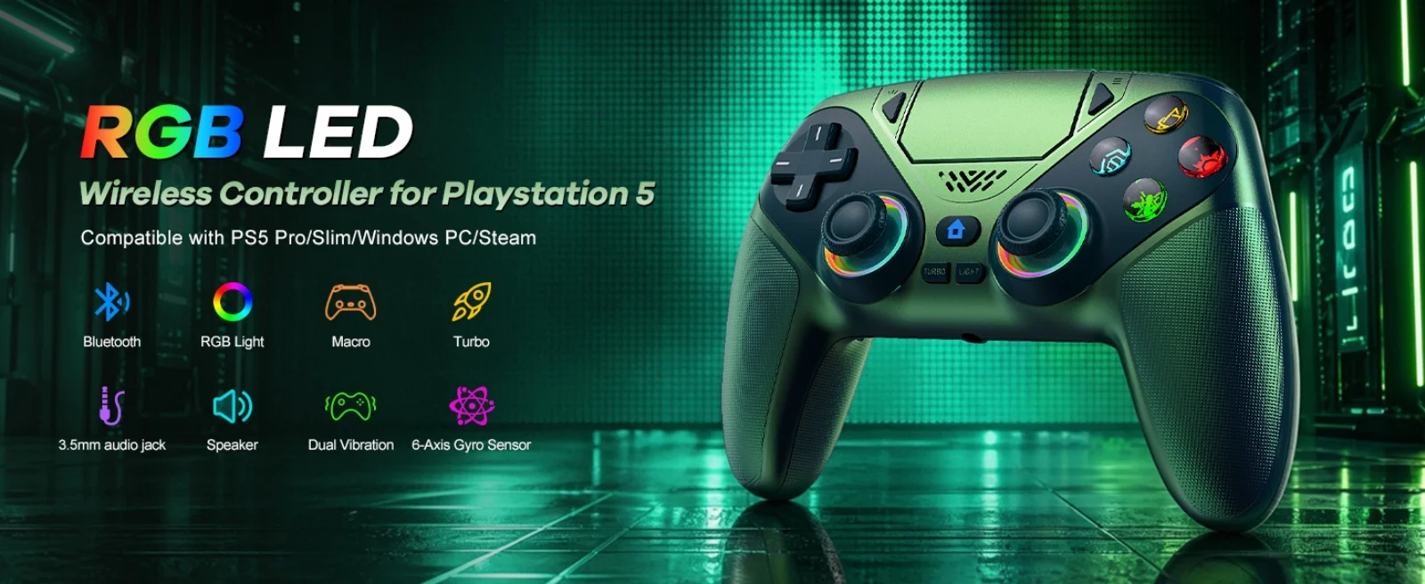 RGB Light Controller For PlayStation 5/PS5 Pro/Slim/PC Wireless Gamepad Marco/Turbo NO Drift Hall Effect Gaming Control Joystick