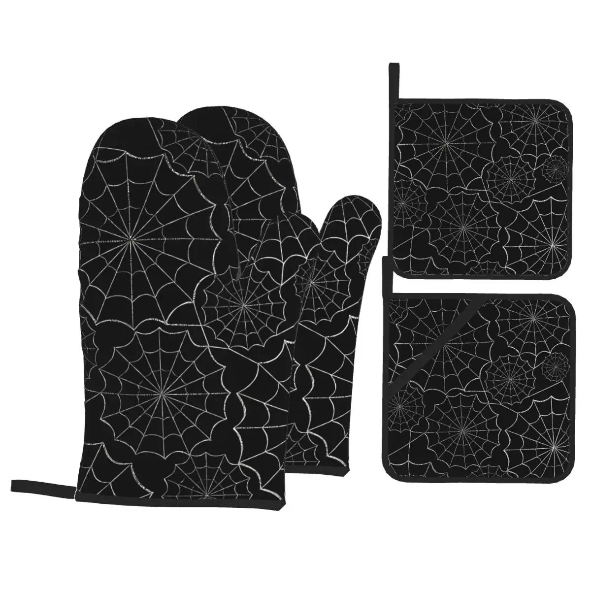 

Spider Webs Resistant Oven Mitts and Pot Holders Sets of 4,Hot Pads with Polyester BBQ Gloves for Kitchen,Cooking,Baking