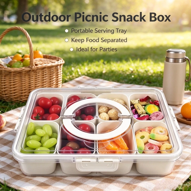 Christmas Stocking Stuffers: Clear Divided Veggie Tray with Lid & Handle, Portable Snack Box for Candy Fruit Nuts Fridge Storage