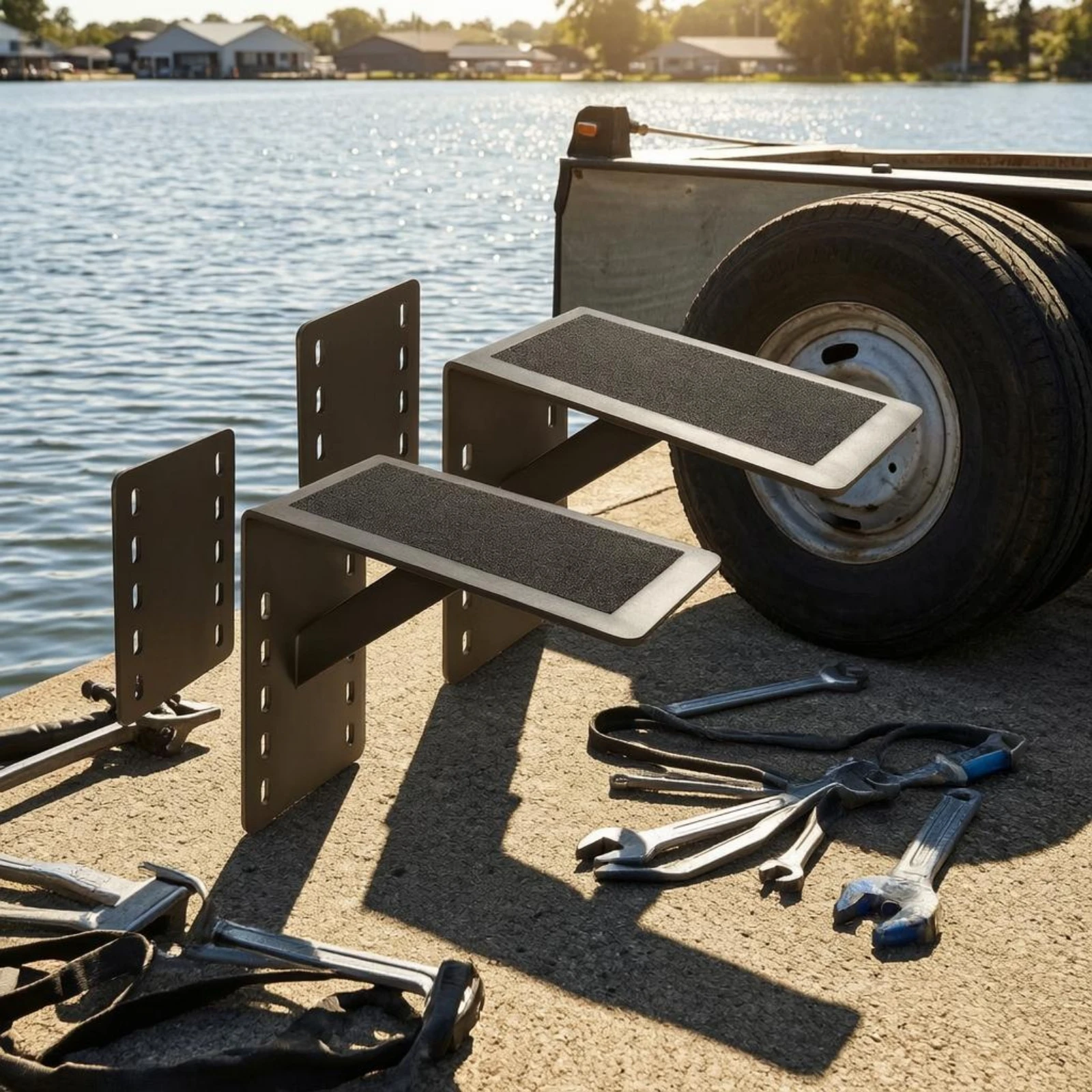 Yacht Step Assembly Textured Non-Slip Step Platform Anti-Skid Surface Black Heavy Duty Slotted Mounting Plates view 6