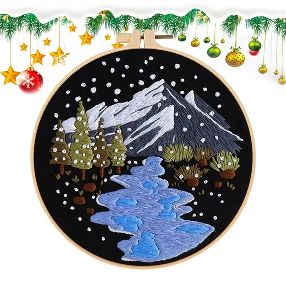 Christmas Needlework Kits Snow Scene Embroidery Beginner Kit Holiday Decorations for Kitchen Living Room Desktop Window A