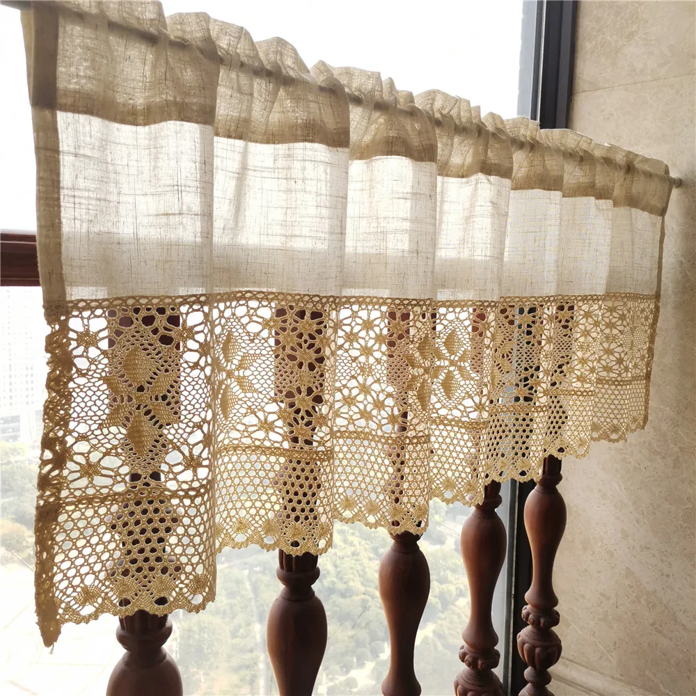 Retro Tassels Short Curtains For Kitchen Beige Cotton Linen Lace Half Tulle Curtain Wine Cabinet Door Christmas Decor Curtain