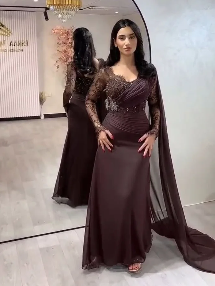 ブラウンマーメイドイブニングフォーマルドレスリボン長袖レースシフォンビーズアラビアプロムパーティードレス Pastrol Unis カスタムサイズ