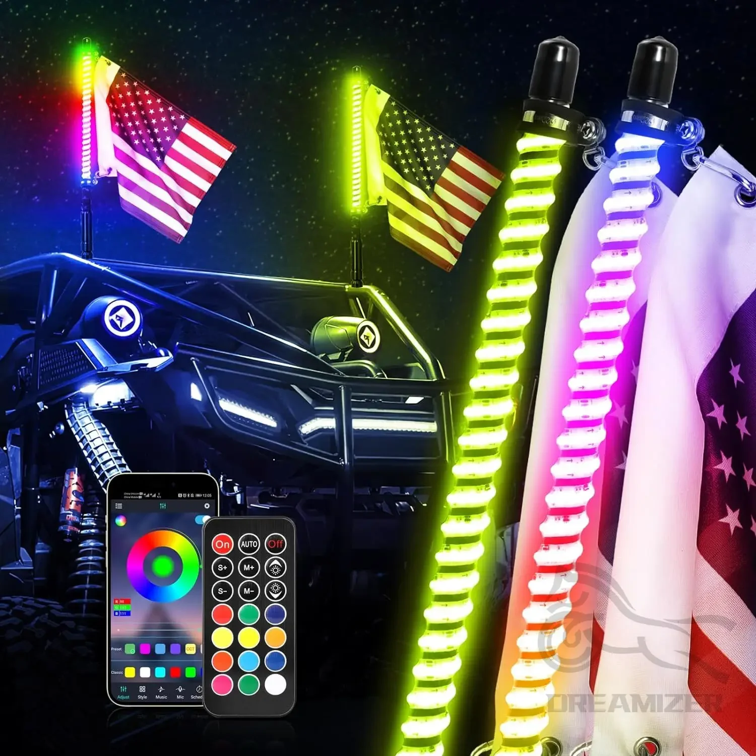 2PCS 2FT COB Bluetooth Remote Control Colorful Spiral LED Whip Lights Lighted Antenna Whips for ATV Polaris RZR Flagpole Lamp