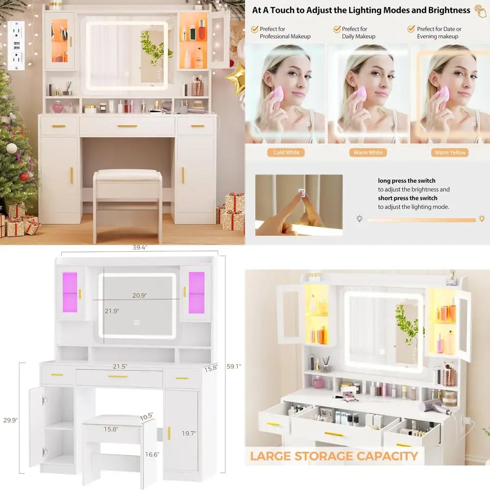 

White Vanity Desk with Mirror and Lights Large Makeup Vanity Table Set with 2 RGB Storage 3 Drawers Modern Dressing Table with