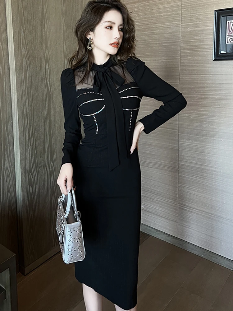 Spring Midi Dresses for Women 2023 Elegant Fashion Black Slim Fit Dress Bow Bandage Robe Party Feast Office Lady Clothes Vestido