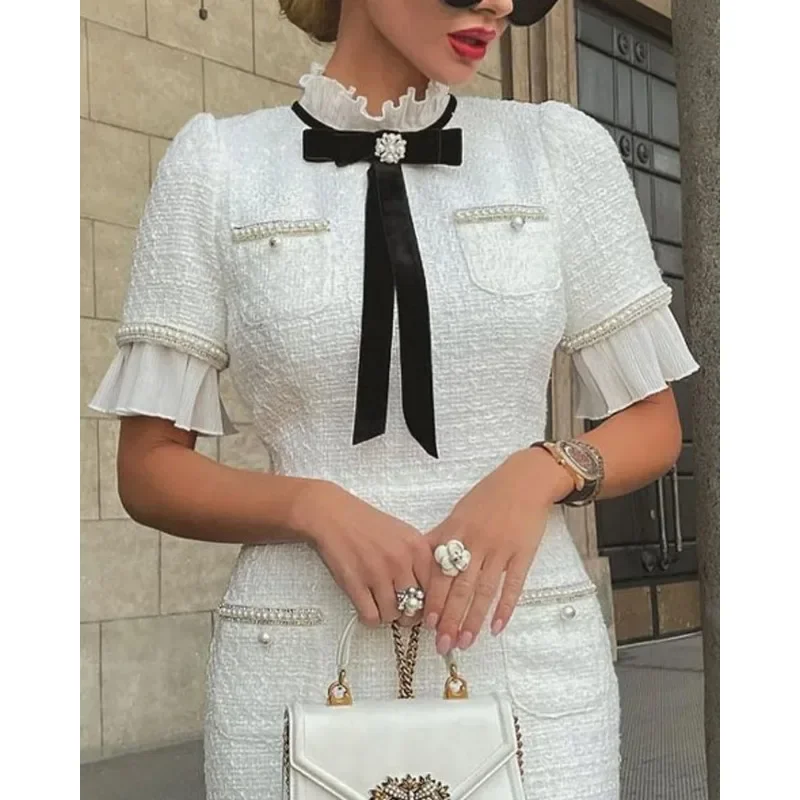 Robe Élégante pour Femme, Col Rond, Manches Courtes, Nministériels d, Ourlet à Volants, Perlé, Brise Parfumée, Blanche, Éducative, Nouvelle Collection