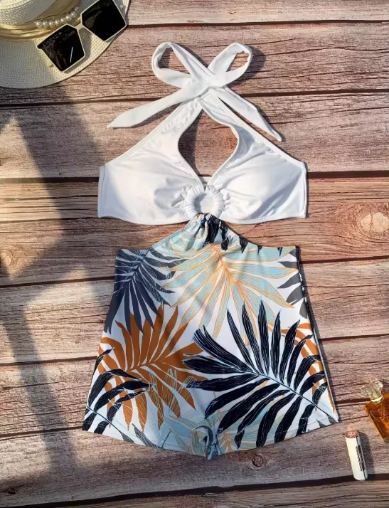 

New Halter Women Boyleg One Piece Padded Swimsuit Sports Print Bodysuit Cut Out Bathing Swimming Suit Beach Wear Summer Monokini