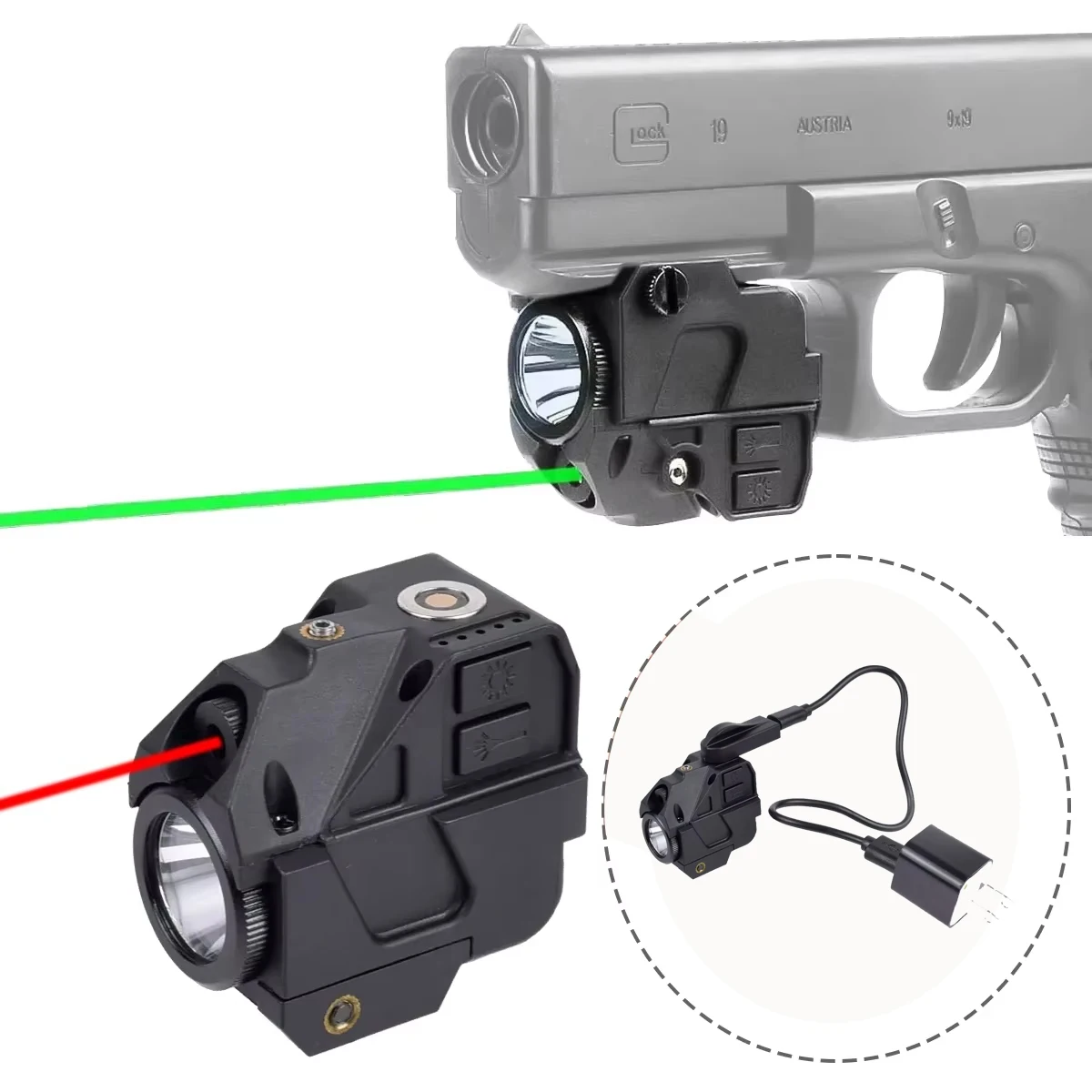 

Tactical Compact Pistol LED Flashlight Green / Red Laser Sight Combo Gun Light Weapon Scout Light For 1911 Glock 17 19 Handgun