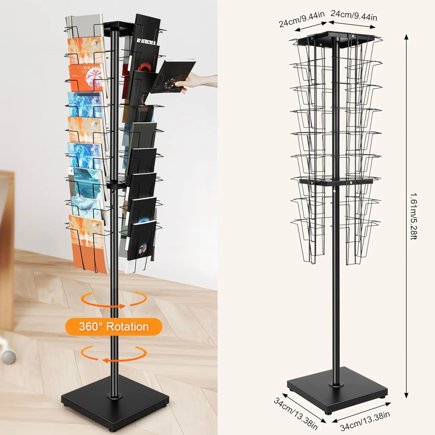 36 Pockets-Rotating Magazine Rack Holder Brochure Display Stand Comic Book Flyer Literature Display Stand Floor Standing Organiz