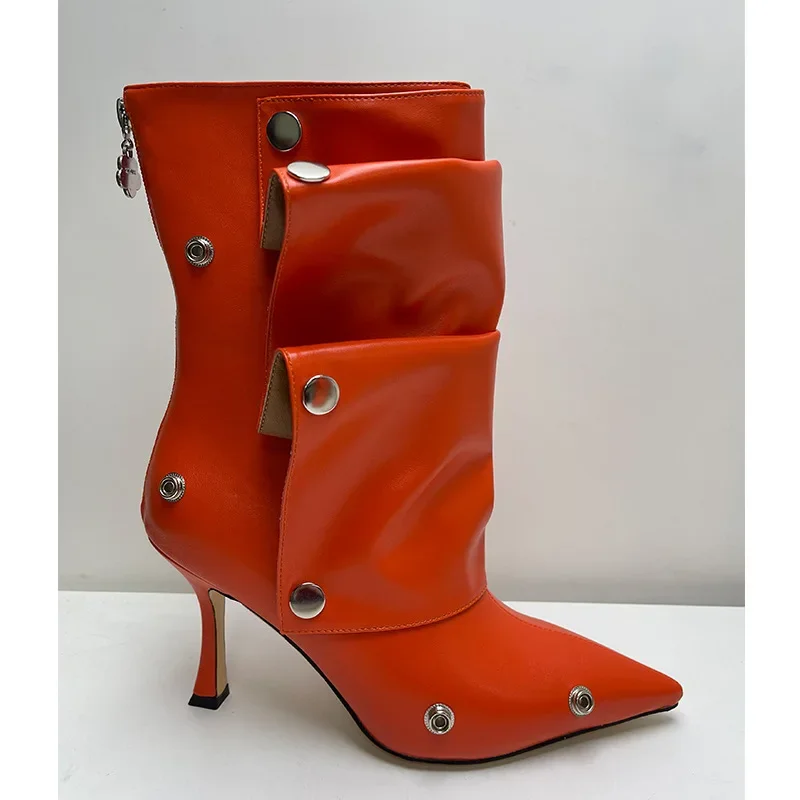 Orange Button Pointed Toe Mid-Calf Boots Woman Winter 2025 Metal Rivet Black Two-Piece Stacked Boots Fashion Shoes for Women