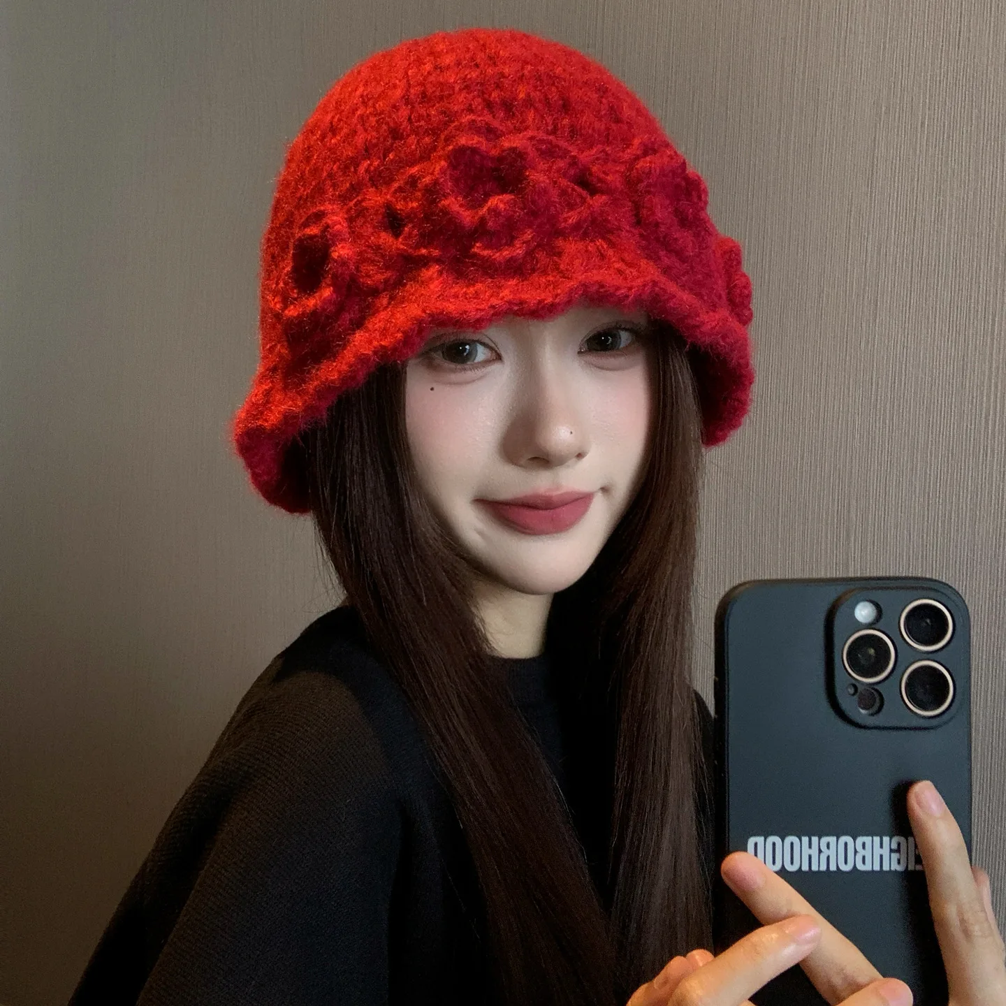 Red Christmas Handmade Chain Knitted Beanie Cap Women New Winter Warm Atmosphere Ear Protector Pullover Bucket Hat