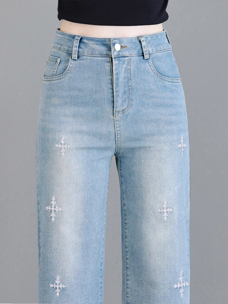 

High Waist Straight Leg Jeans Women Summer Thin New Version Loose Slimming Embroidery Narrow Version Wide Leg Pants Casual Co...