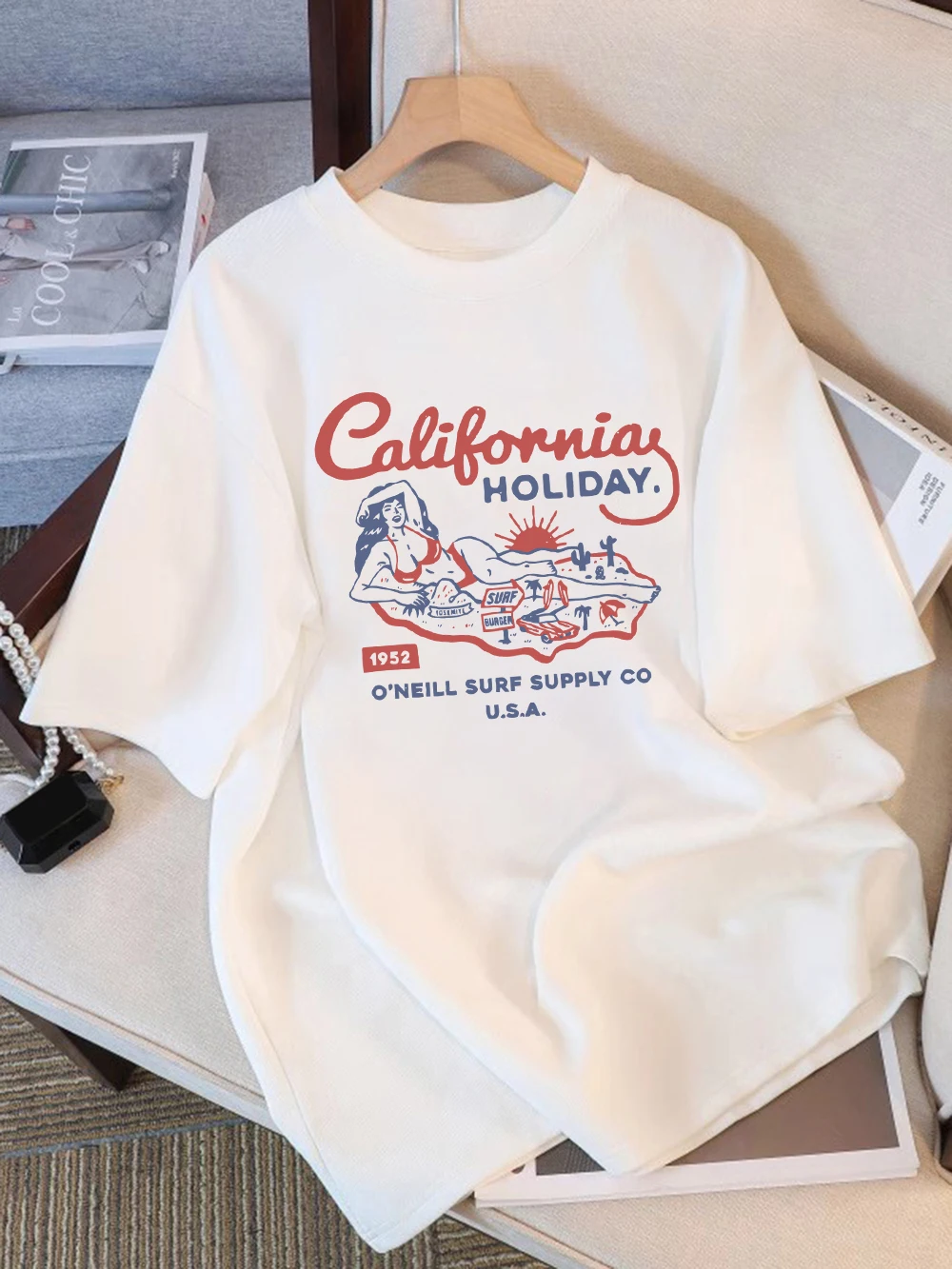 Sommer-T-Shirts aus Baumwolle für Damen, California Holiday Usa-Druck, kurzärmelige T-Shirts, bequeme, lockere O-Ausschnitt-Tops, Freizeitkleidung