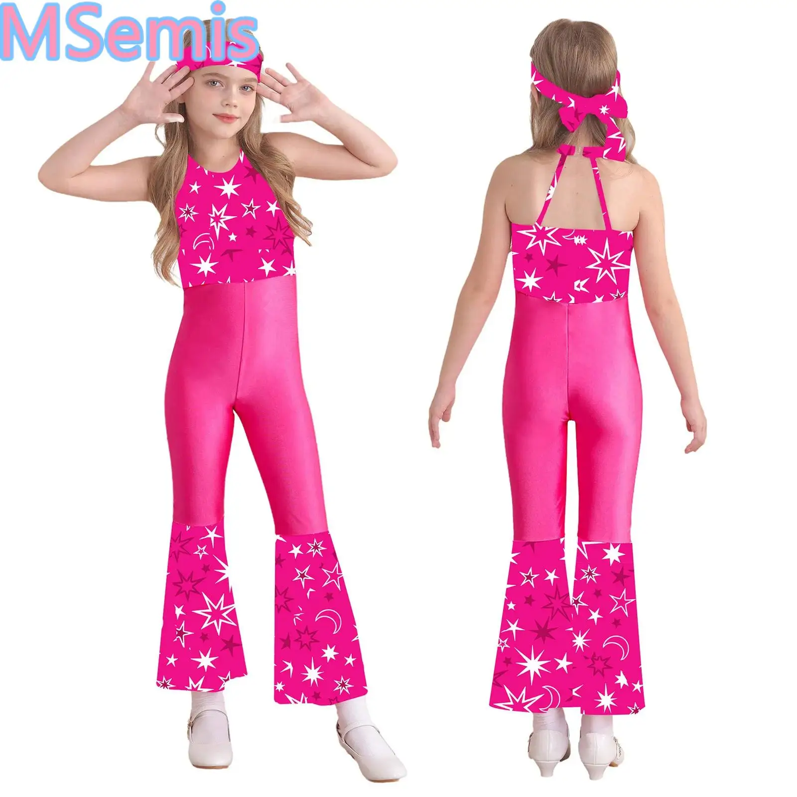 

Big Girls Vintage Disco Jazz Dance Performance Costumes Printed Full Bodysuit Flare Pant Sleeveless Jumpsuit Hippie Clothes