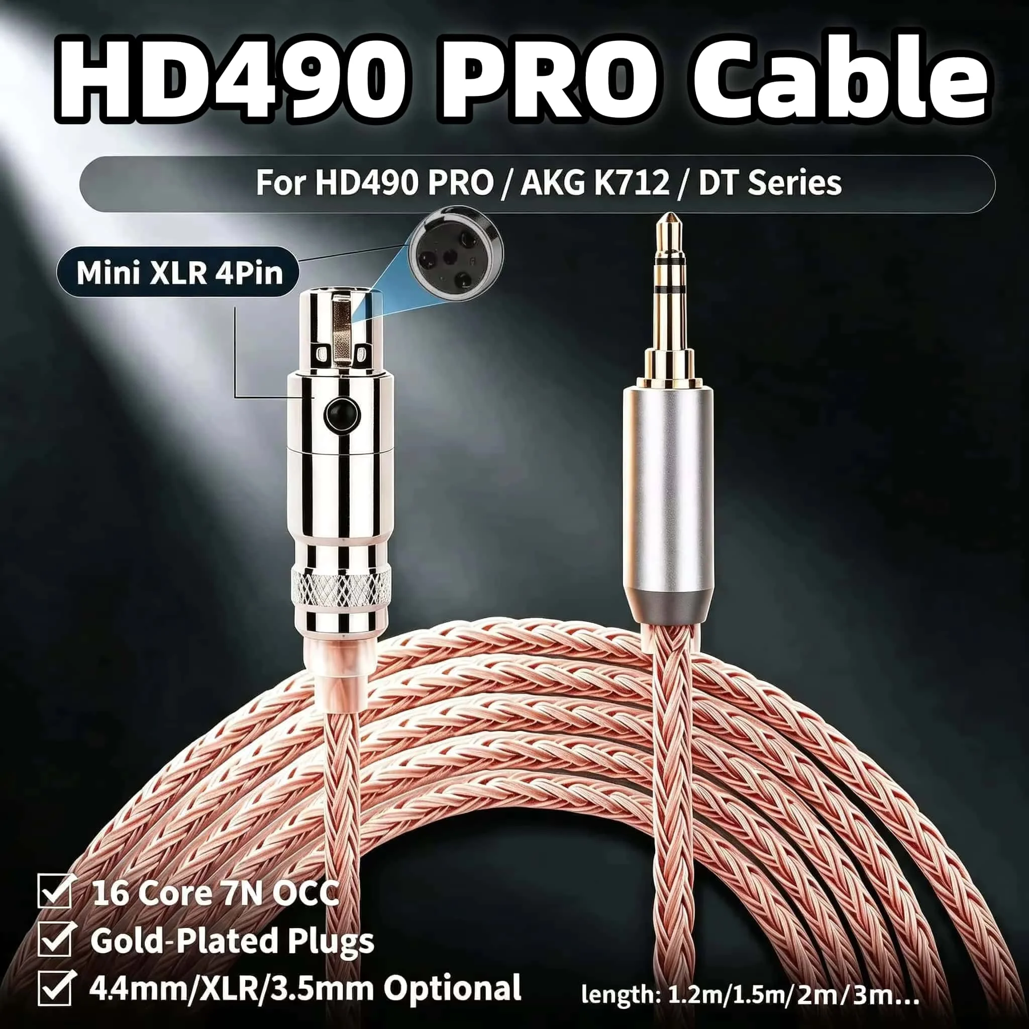HD490 PRO Cable 16 Core 7N OCC Mini XLR 4Pin Balanced Upgrade Cable for Sennheiser HD490PRO AKG K712 Beyerdynamic DT 4.4mm XLR