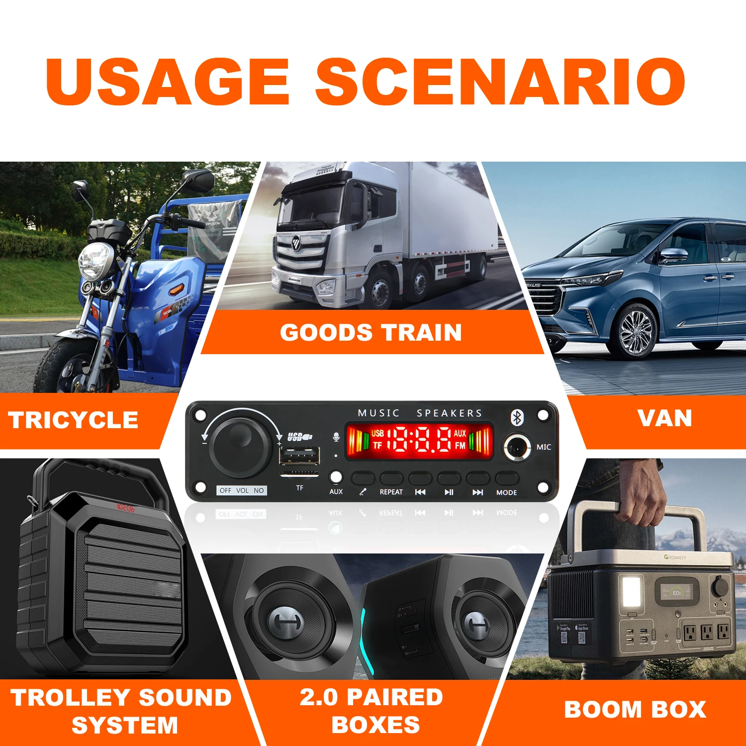 50 واط 18 فولت مكبر للصوت بلوتوث 5.0 MP3/WAV لوحة فك التشفير - نظام صوت السيارة Hi-Fi مع ميكروفون 6.5 ملم، FM/USB/TF وكسب قابل للتعديل