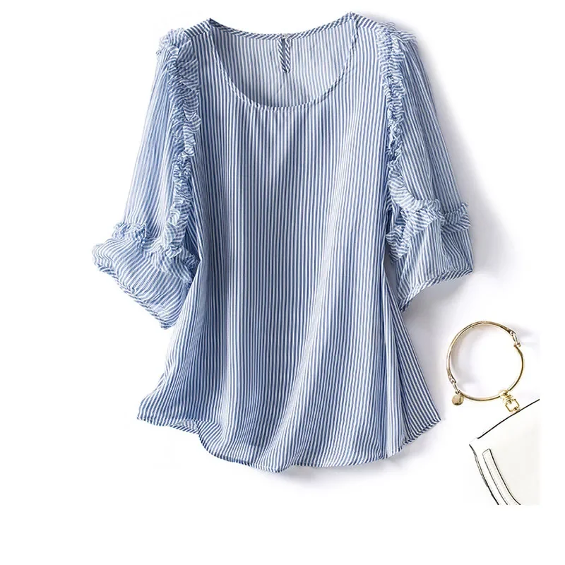 

T-shirts Woman Summer 2024 100% Real Mulberry Silk Short Sleeve Tee Blue Striped Top Women Shirts Straight Blouses T Shirt Femme