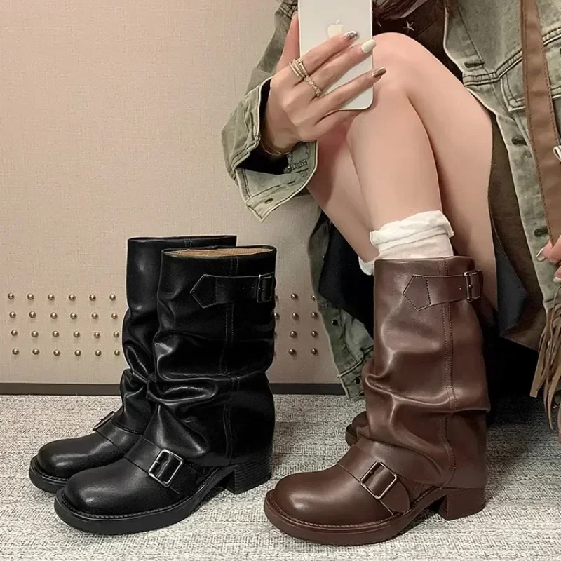 

Pleated Buckle Knight Boots for Women Autumn Brown PU Leather Mid Calf Boots Woman Slip-On Thick Heel Riding Botas Mujer 2024