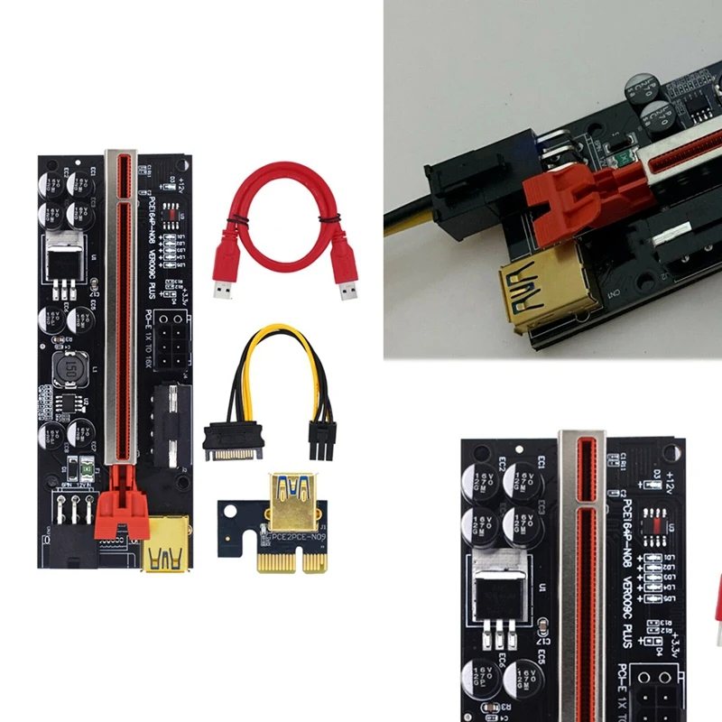 

Плата адаптера PCIE Riser VER009C PLUS PCI-E Riser 1X–16X PCI Express с 15-контактным кабелем питания USB3.0 SATA