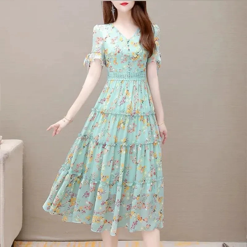 New Summer Short Sleeve Midi Dress Women Fashion Print V-Neck Bodycon Beach Dress Ladies Elegant Floral Chiffon Party Vestidos