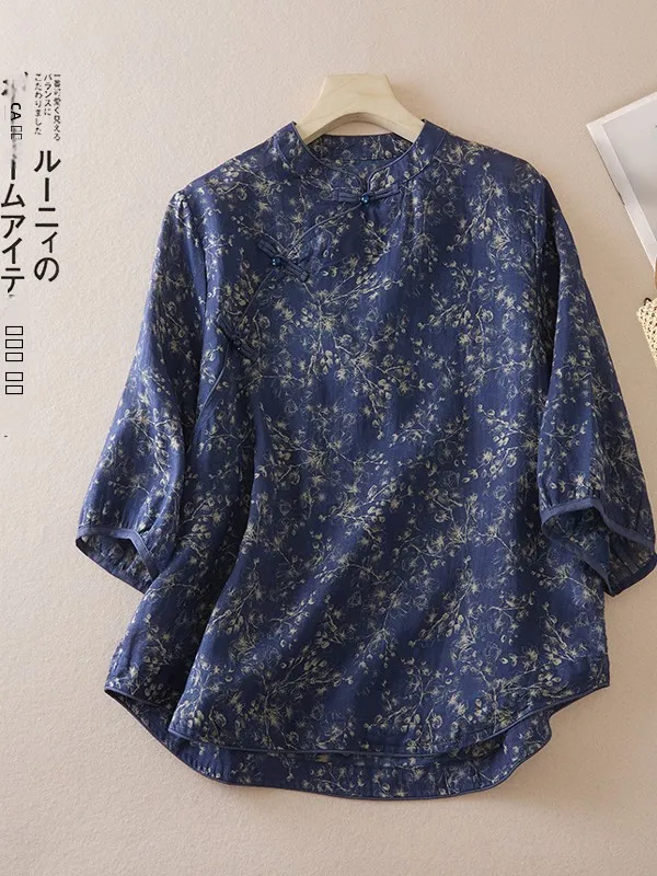 

Cotton Linen Stand Collar Button up irt Women's New Chinese Sle Floral Loose Versatile Top Comfortable Breathable Summer