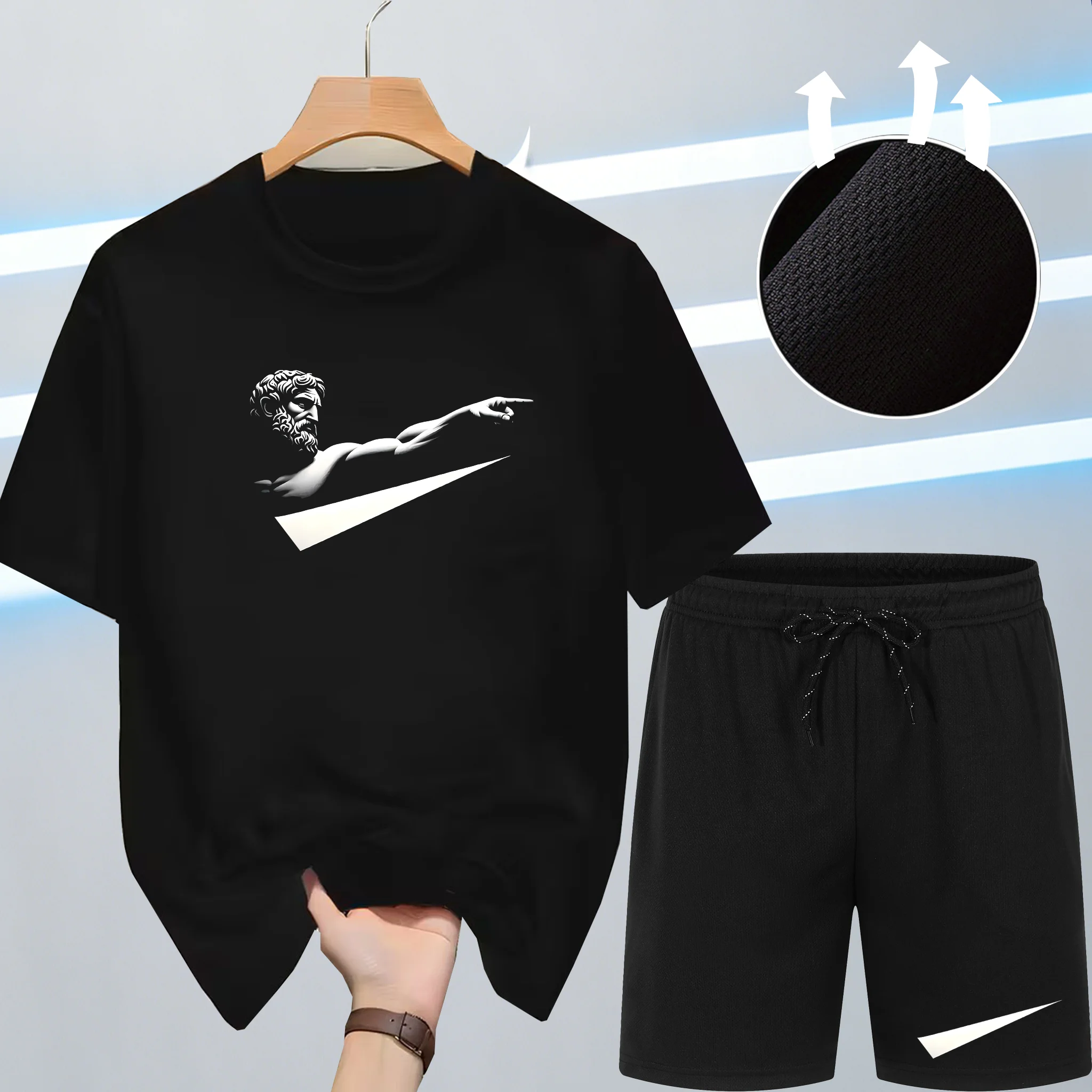 

sculpture Print 2-piece set Tshirt / Shorts Summer Gym Sportswear Men Jogging Sports Shorts Fitness Man‘s Quick Dry Breathable