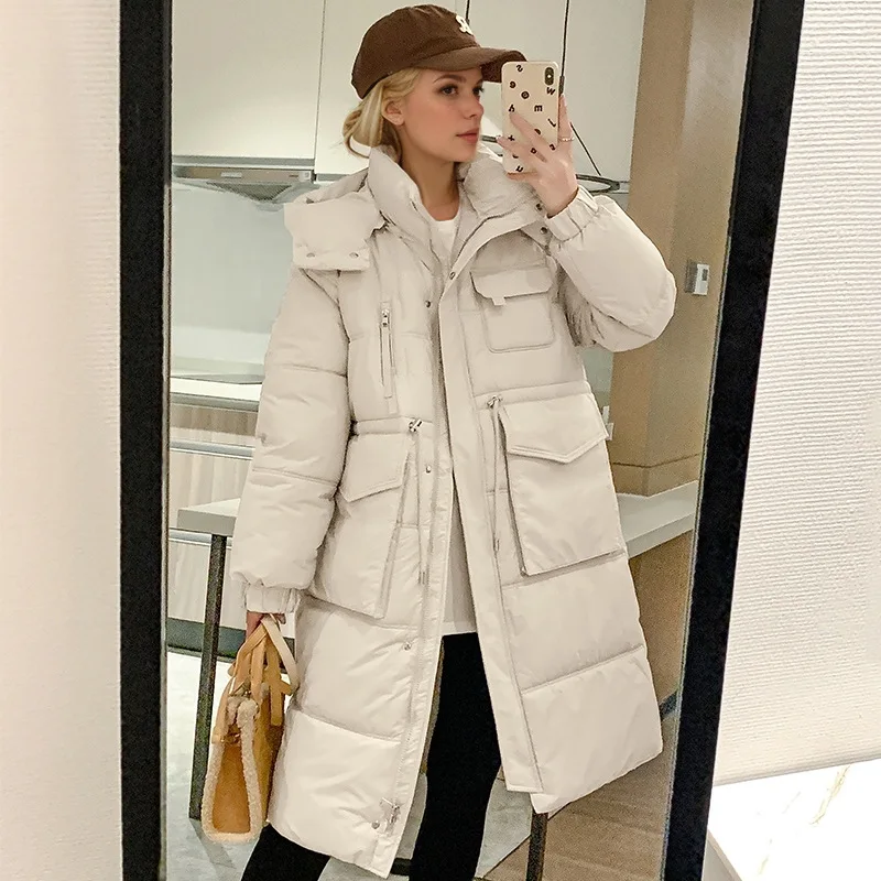 

Thickened women's Winter Padded Coat Multi-Pocket Single Breasted Hooded Lady's Parka Jacket Long Over-the-knee Coat For Female