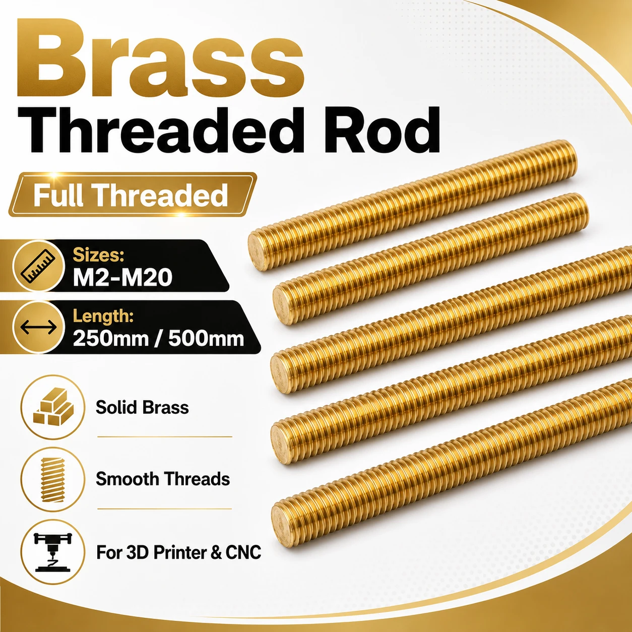 1Pc M2 M3 M4 M5 M6 M8 M10 M12 M14 M16 Brass Threaded Bar, Full Thread Rod 250mm 500mm Stud Bolt for DIY