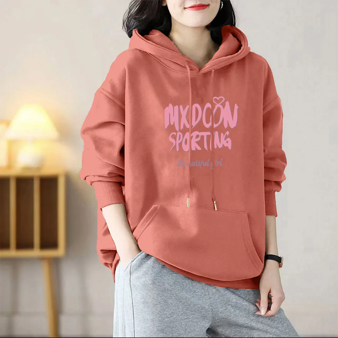 Women Clothing Commute Large Version Hoodies Letter Printed Chic Pure Cotton Pullovers Autumn Winter Pockets Printed Sweatshirts