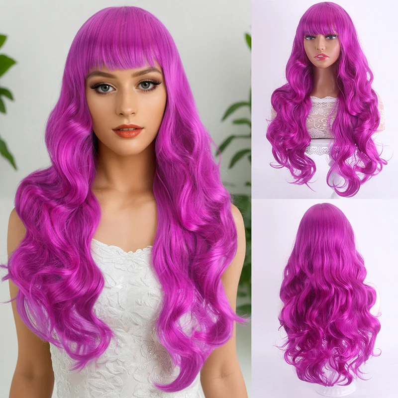 

Cosplay anime in rose red, 70CM with bangs, hair, stylish face-slimming long curly wig