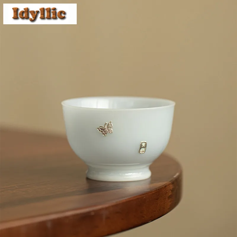 

110ml Pure Jade Ice Sier-plated Butterfly Teacup Luxury Tea Bowl Jug Tea-tasting Personal Cup Jianzhan Master Cup Chinese Teaset
