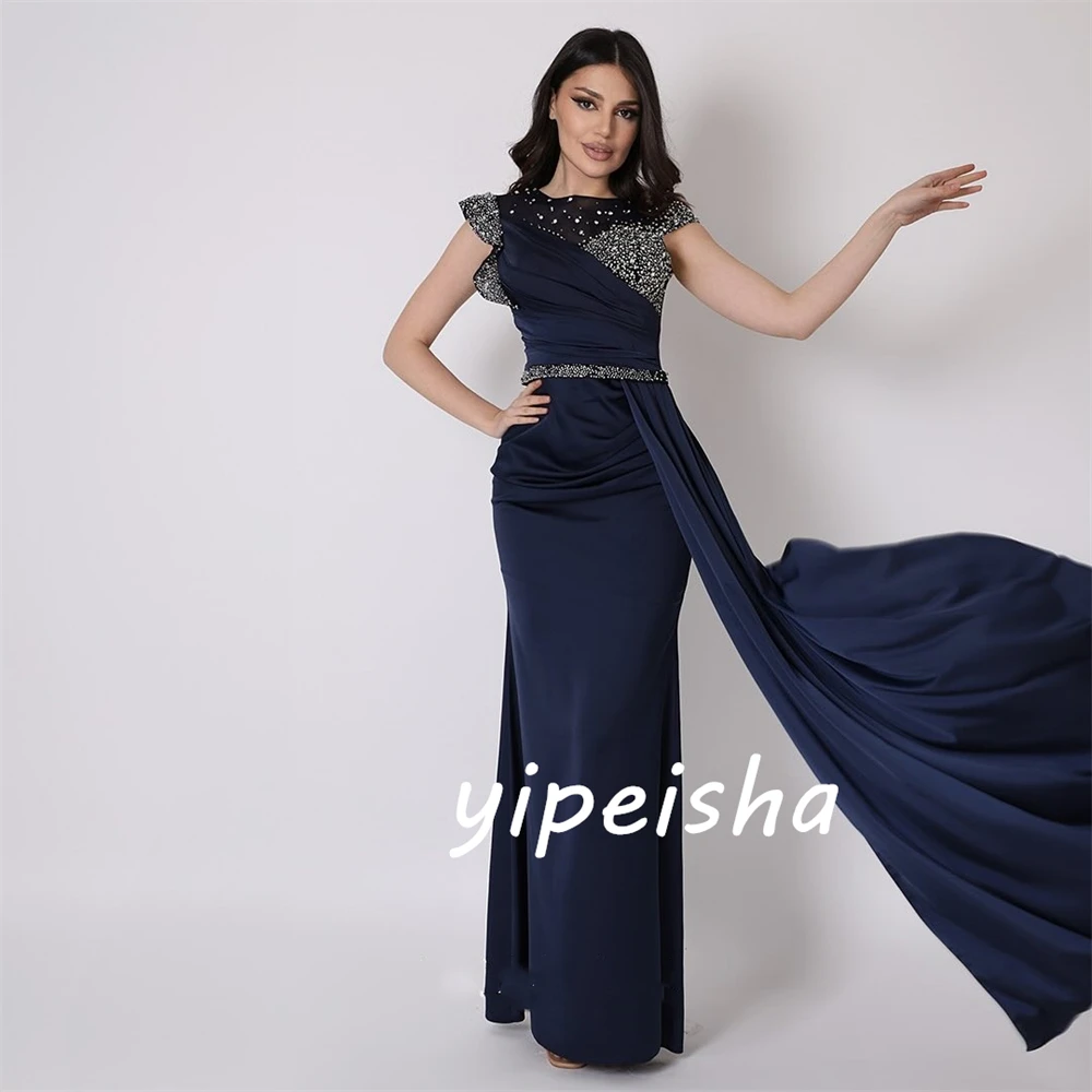 Jiayigong  Sexy Casual  Jersey Beading Draped Pleat Beach Sheath Boat Neck Bespoke Occasion Gown Long Dresses