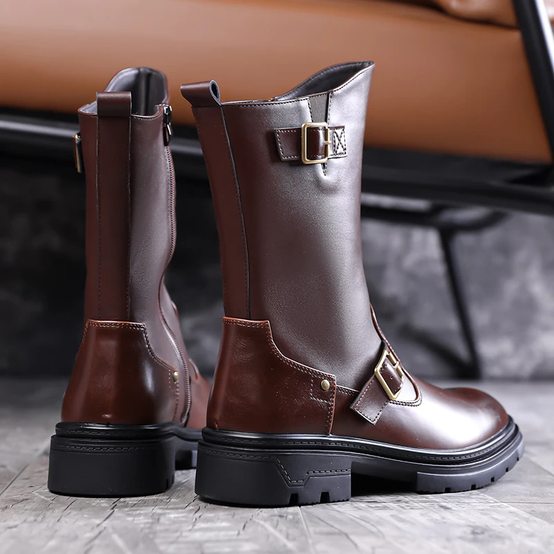 men's casual party stage high motorcycle boots black brown genuine leather shoes cowboy platform boot long knight botas hombre