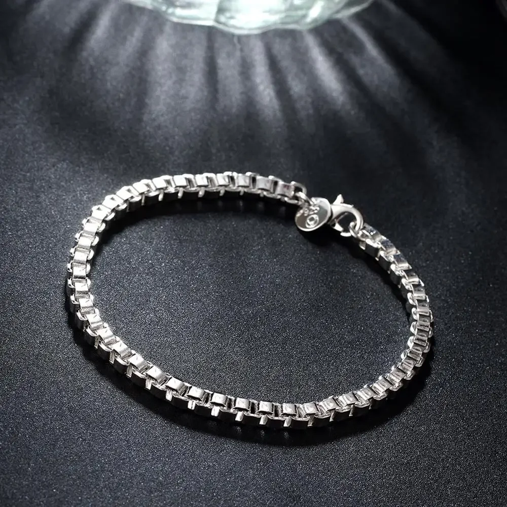 Fashion classic 4MM box chain 925 Sterling Silver  Bracelet for man woman Popular brands jewelry Wedding party Holiday gifts