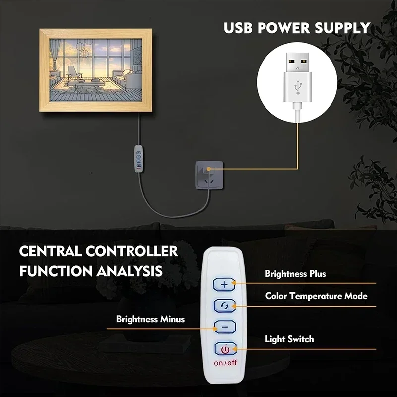 Lumière LED Décorative avec Prise USB, Gradation Murale, Oeuvre, Lampe de Table, Cadeau, Lumière du Soleil Intérieure, Fenêtre, Photo en Bois, Nuit Shoous