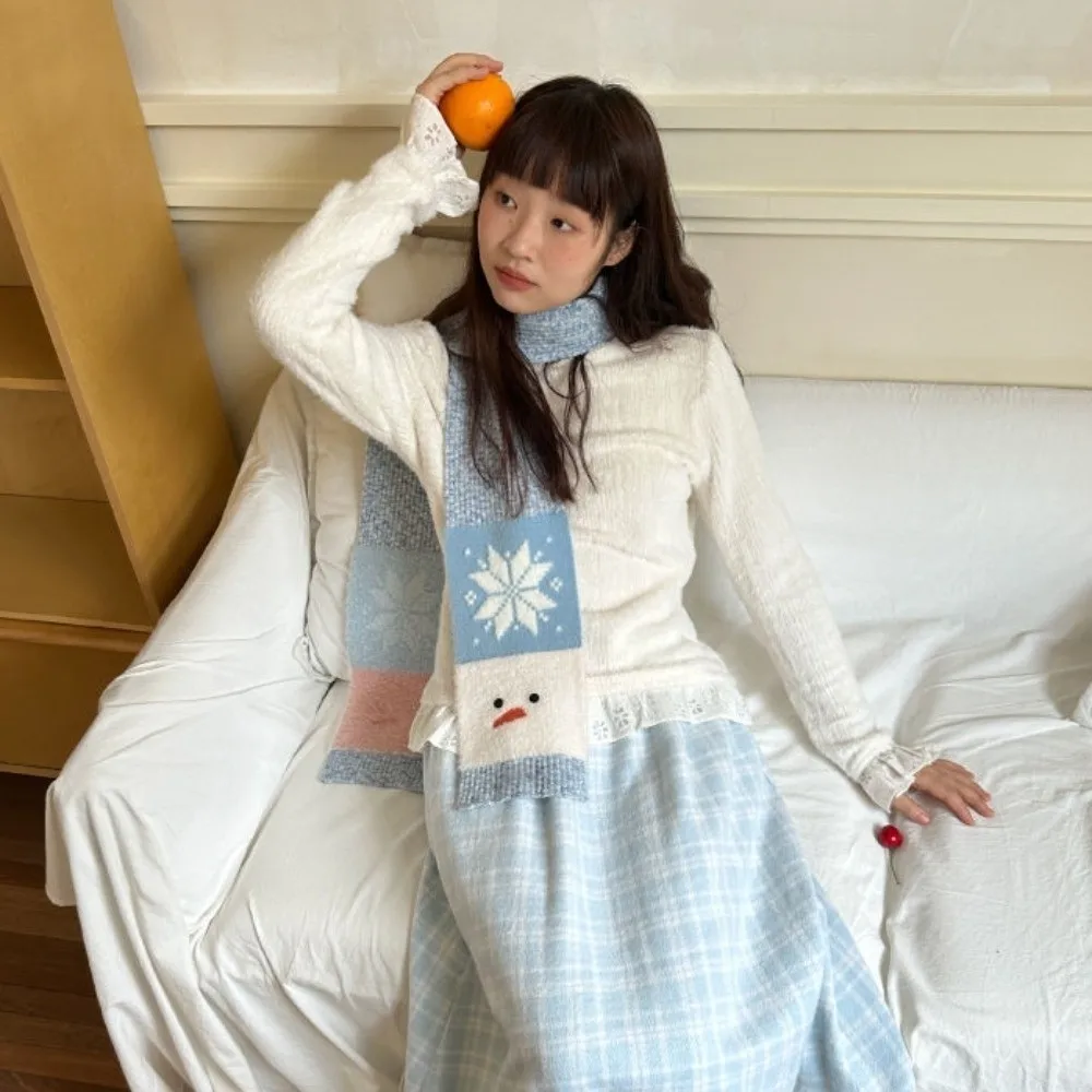 

Trendy Snowflake Snowman Pattern Scarf Korean Style Lightweight Cashmere Blend Scarf Windproof Blue Knitted Shawl Winter
