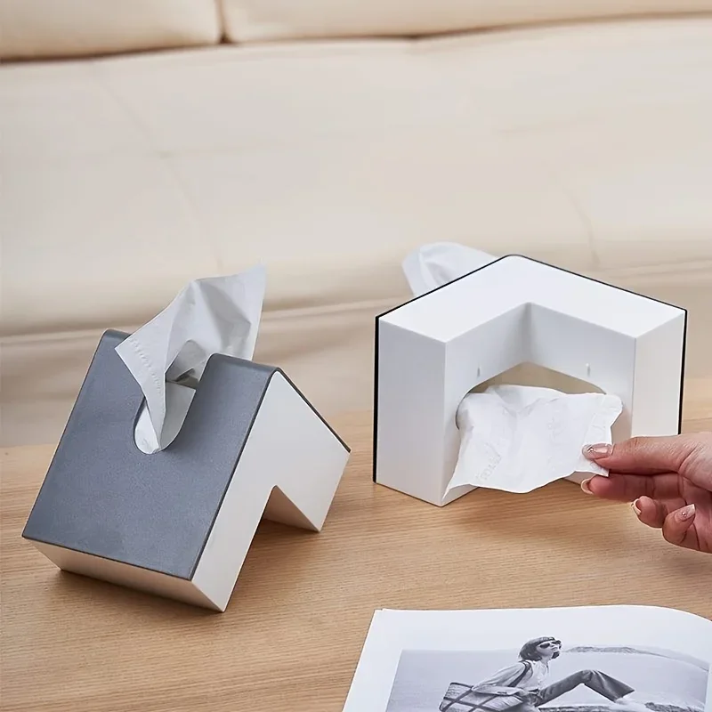 1pc Creative L-Shaped ABS Tissue Box, Double-Sided Right Angle Tissue Holder with Open Lid, Living Room Use