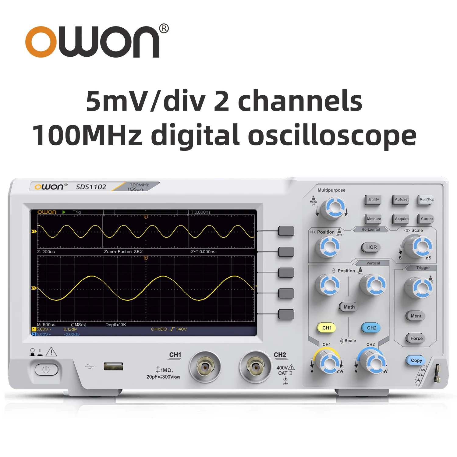 Owon SDS1102 Digital Oscilloscope 5mV/Div 2 Channel 100MhZ Bandwidth 1GS/s Sampling Rate 7-inch TFT Storage Desktop Oscilloscope