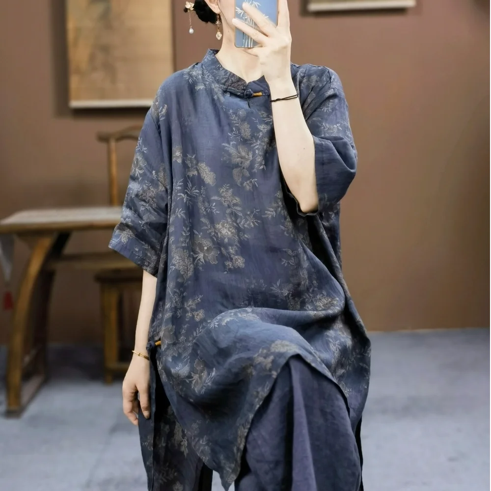 

New Chinese Sle Stand Collar Buttoned Flax irt Ladies Summer Retro Print ort irt Cotton Linen Zen Sle Mid-Length Top