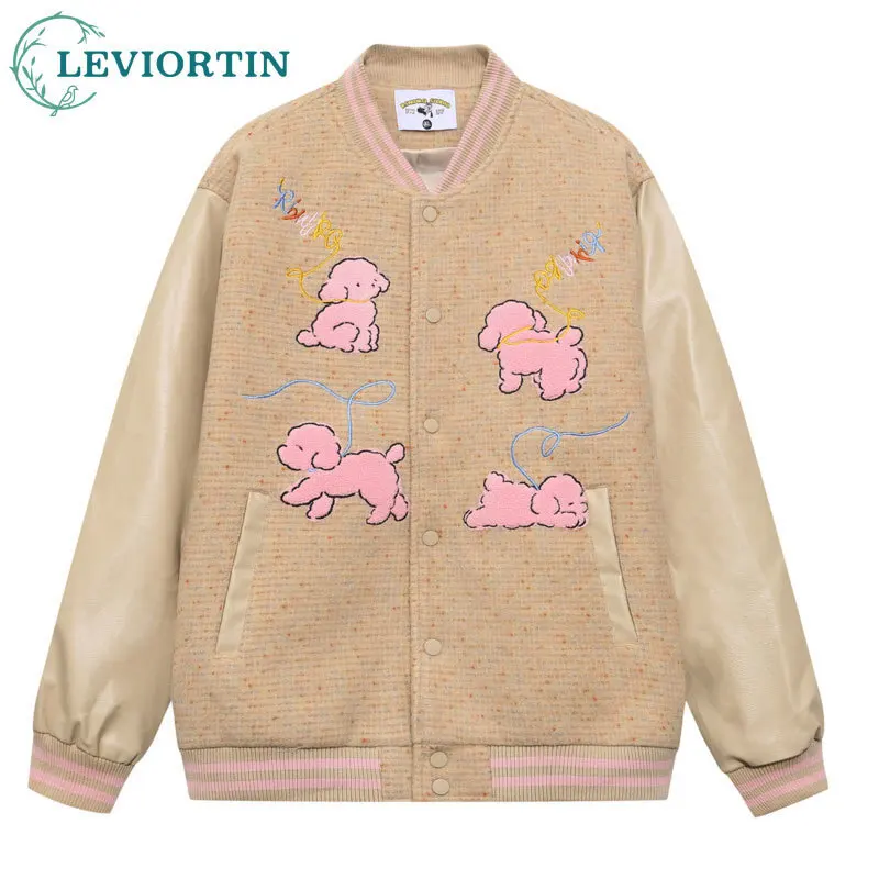 سترة فضفاضة غير رسمية متعددة الاستخدامات لخريف وشتاء 2025 للزوجين بتصميم كلاسيكي أمريكي لطيف على شكل كلب وردي مطرز بياقة واقفة