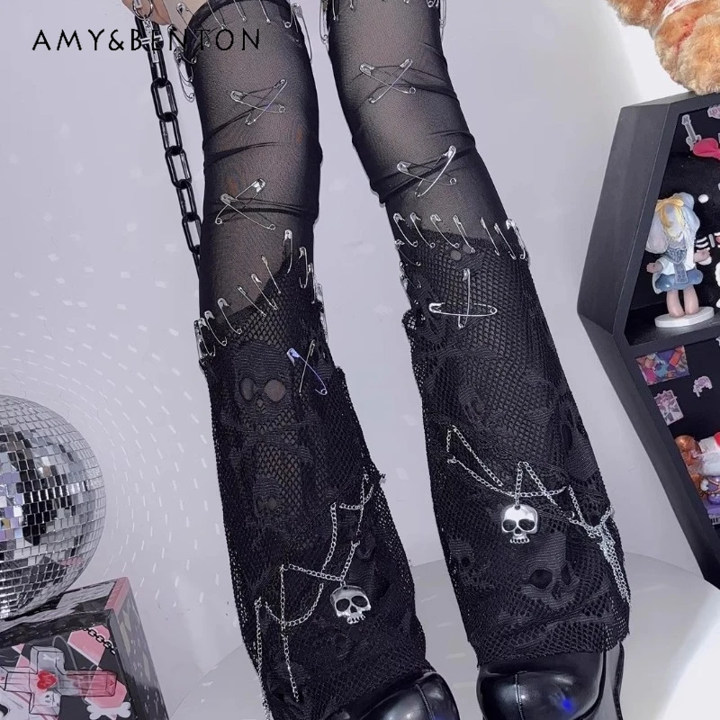 European American Y2K Hot Girl Subculture Women's Socks Punk Dark Design Autumn New Chain Pin Rock Flared Leg Warmers Ladies
