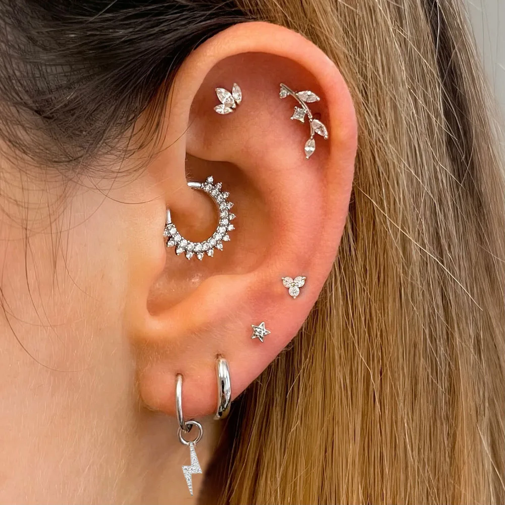 Piercing de oreja para mujer, pendiente perforado Daith Helix, lóbulo plano, estrella, planta, relámpago, circón, aro de oreja de acero inoxidable, regalo de joyería