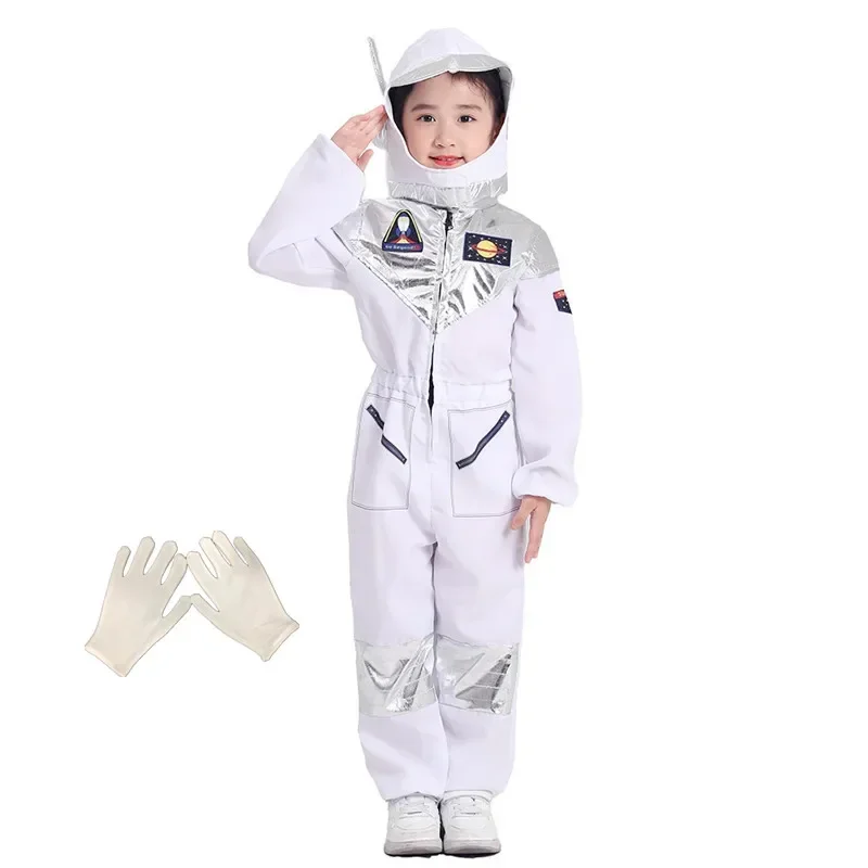 EE01 Child Astronaut Costume Spaceman Fantasy Jumpsuit School Performance Costume Halloween Cosplay Hooded Suit Free White GIo0！