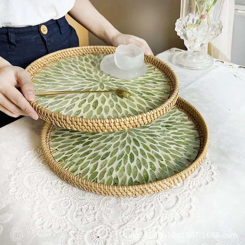 Handwoven Vietnamese Rattan Shell Tray, Multipurpose Storage Basket for Fruit Snack Pastry Steamed Bun