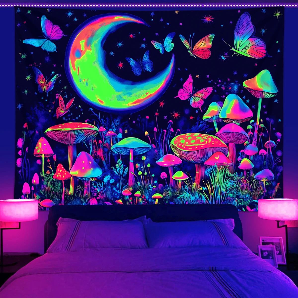 VIKAMA Neon Crescent Moon Mushroom Tapestry Wall Hanging, 6 Designs, Wall Decor for Bedroom Living Room Dorm