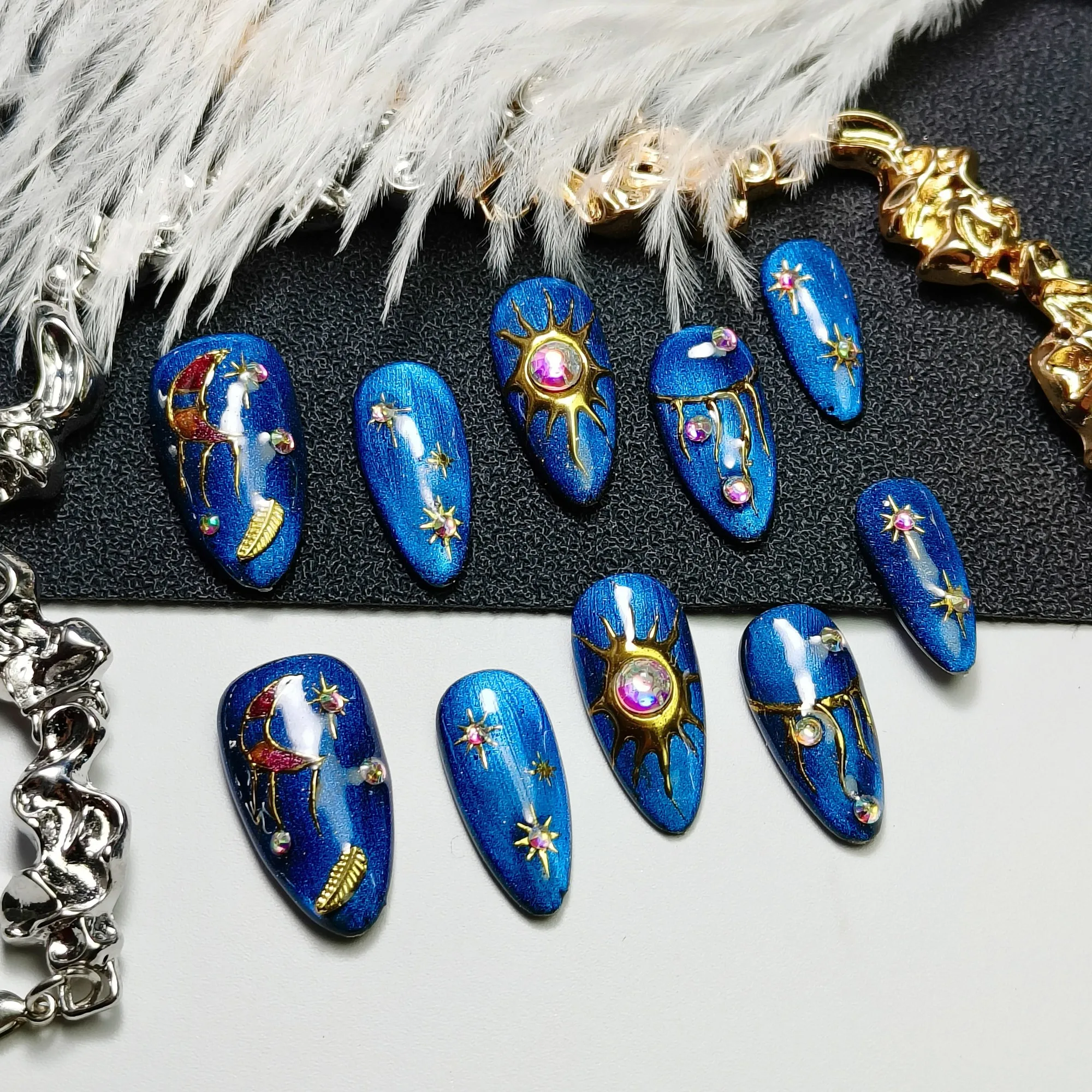 

Original Y2K Gothic Handmade Press-On Nails - Blue Starry Sky Medium Almond Adhesive Reusable Nails. Fashionable fake nails.