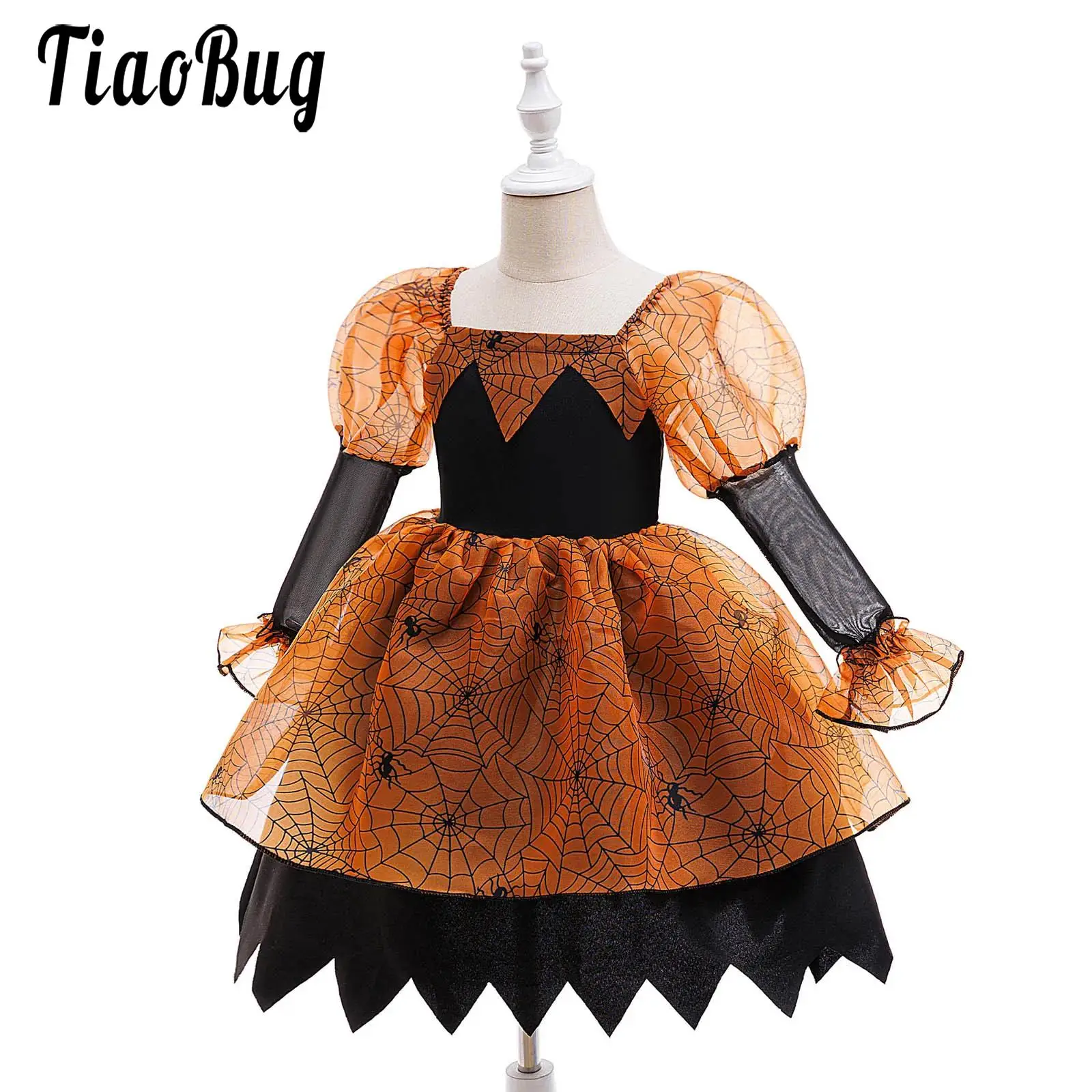 

Kids Girls Halloween Cosplay Costume Square Neck Sheer Mesh Long Sleeve Spider Web Print Tulle Dress for Theme Party Dancewear