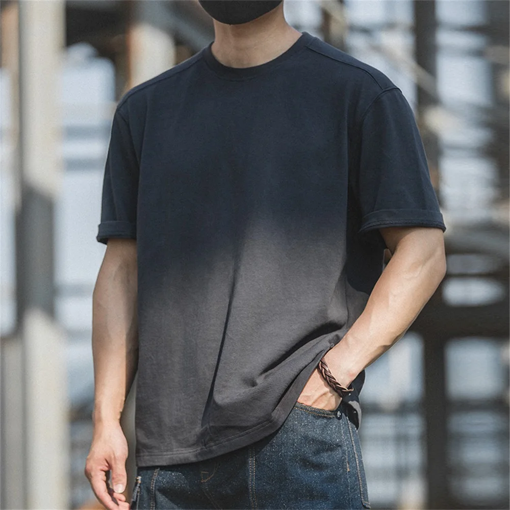 Maden Solid Color 100% Cotton Short Sleeve T-shirt for Men Ribbed O-Neck Casual Loose Fit Tees Summer Dark Gray Versatile Tops
